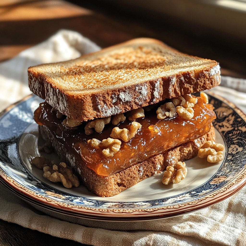 Danish marmalade sandwich with walnuts and honey.