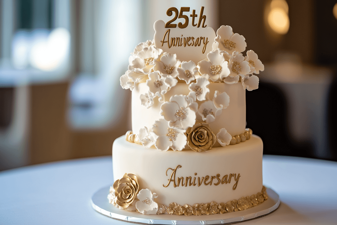 Elegant anniversary cake with floral decorations and a custom topper.