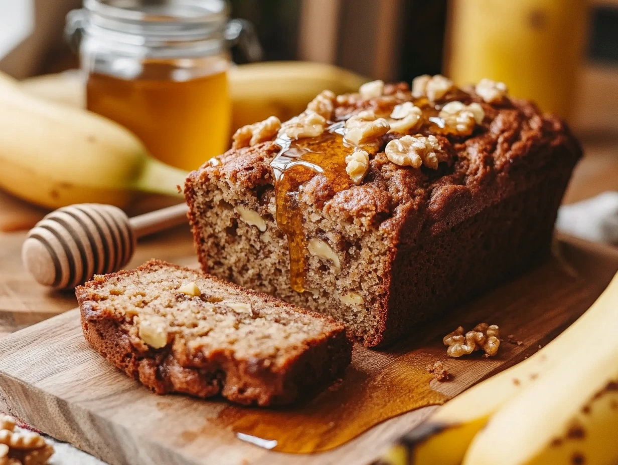 Freshly baked healthy banana bread sliced on a wooden cutting board, with walnuts and honey in the background