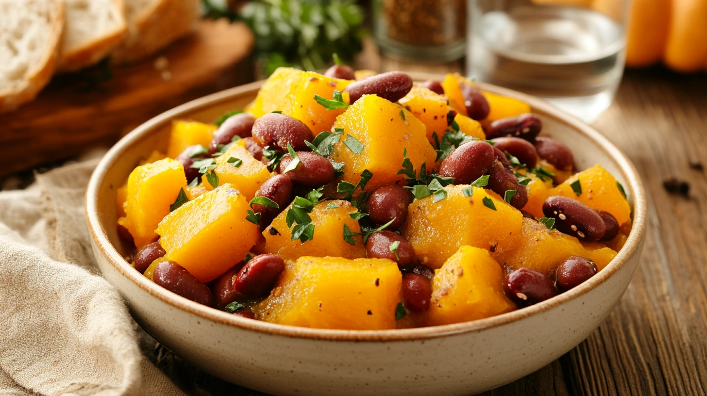 A bowl of squash and kidney beans garnished with parsley, served with bread on a wooden table in a warm kitchen setting.