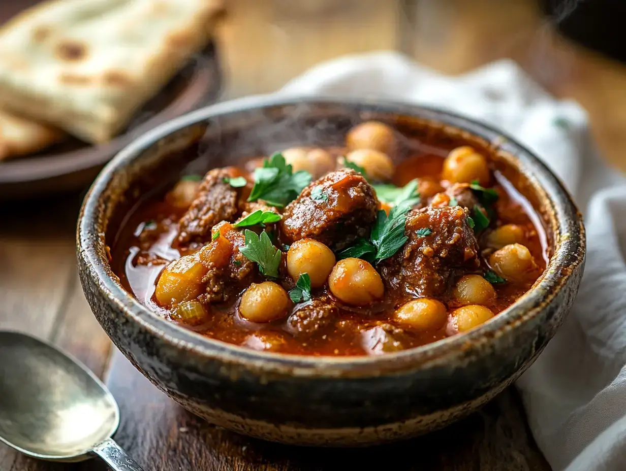 A steaming bowl of homemade Terra Massoud stew, rich with slow-cooked meat and chickpeas, garnished with fresh parsley, served in a rustic dish.