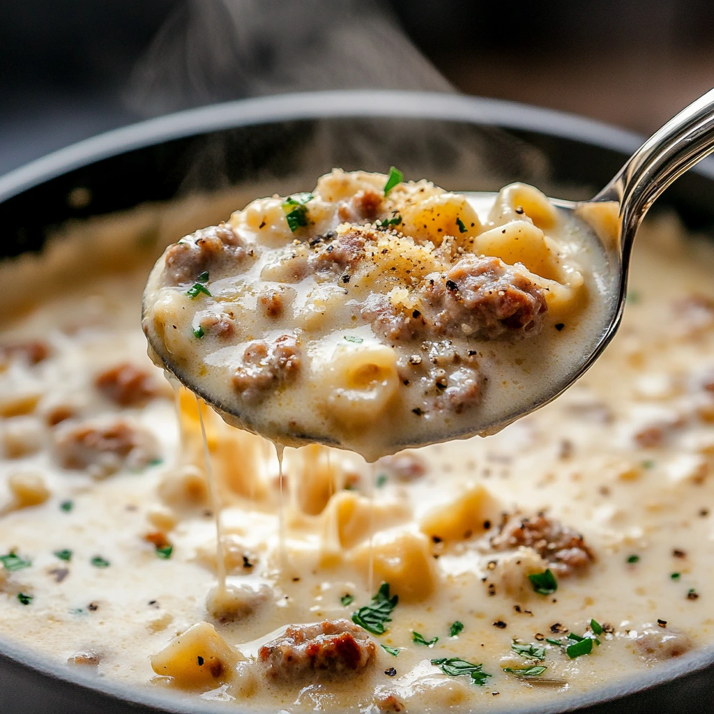 Close-up of a ladle filled with creamy Parmesan Italian sausage soup, showing its thick texture, pasta, and sausage pieces.
