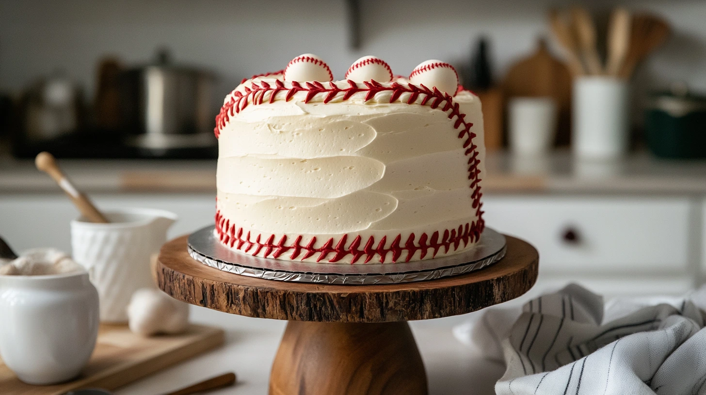 A fully decorated baseball cake with white frosting and red stitching on a wooden stand in a bright kitchen.