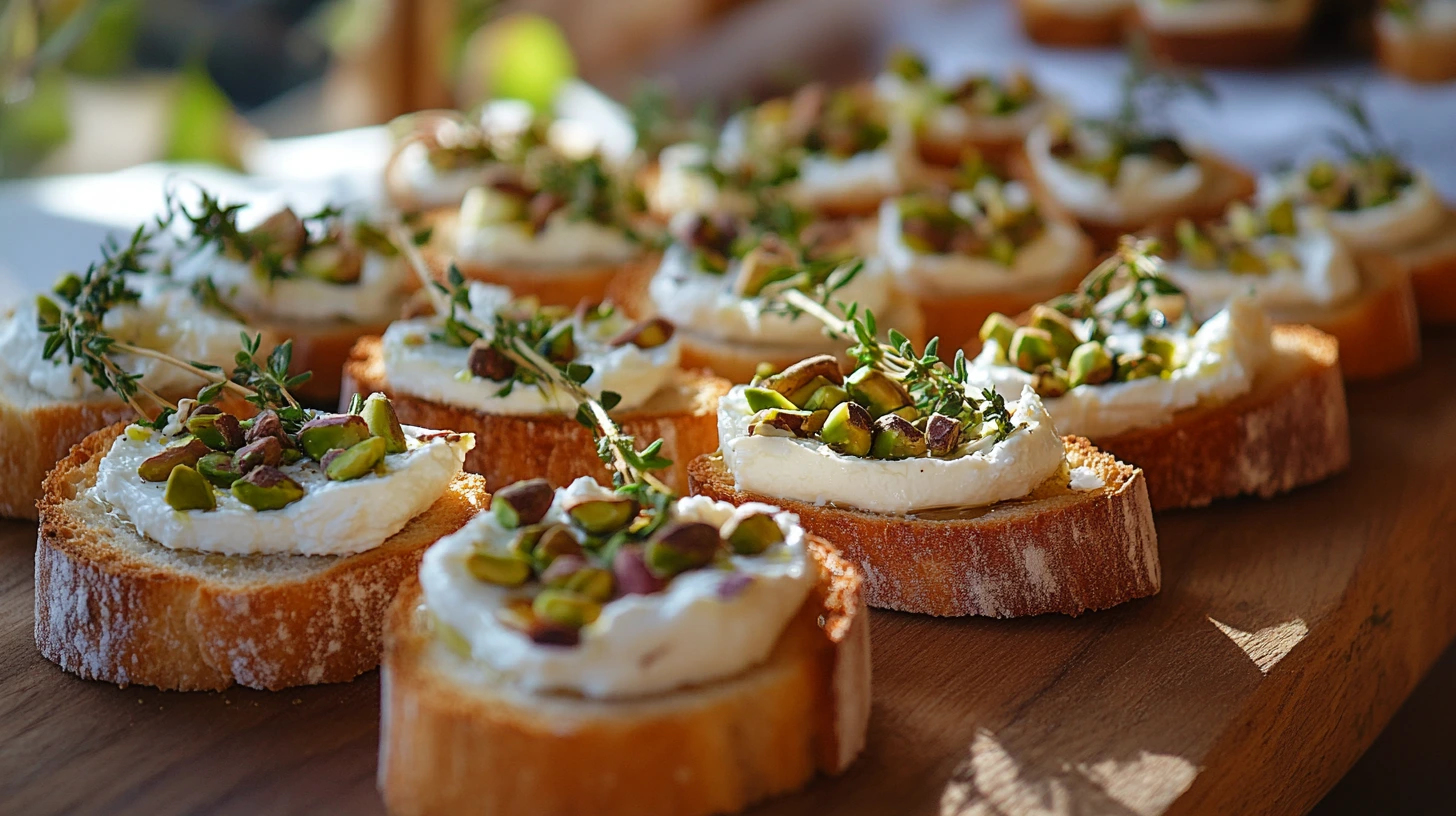 A rustic wooden board featuring goat cheese and pistachio bruschetta slices topped with honey and fresh thyme, with sunlight highlighting the textures.