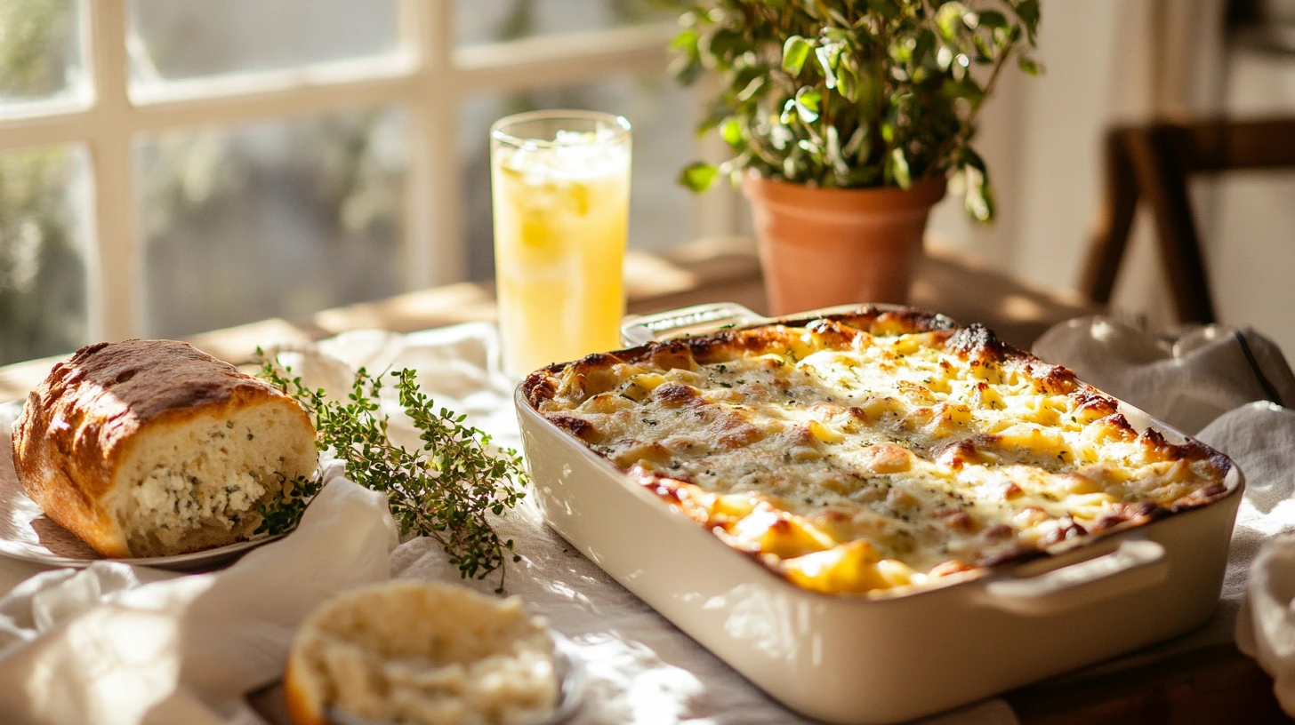 A rustic table featuring sourdough bread, feta pasta bake, and a glass of lemonade with warm sunlight streaming through a window.