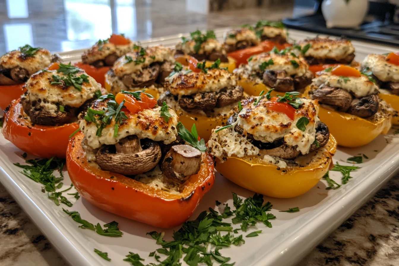 Cream cheese-stuffed bell peppers and mushrooms.