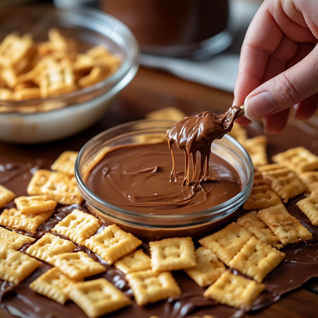 Hands spreading peanut butter on a Cheez-It cracker, with melted chocolate and completed snacks in the background.