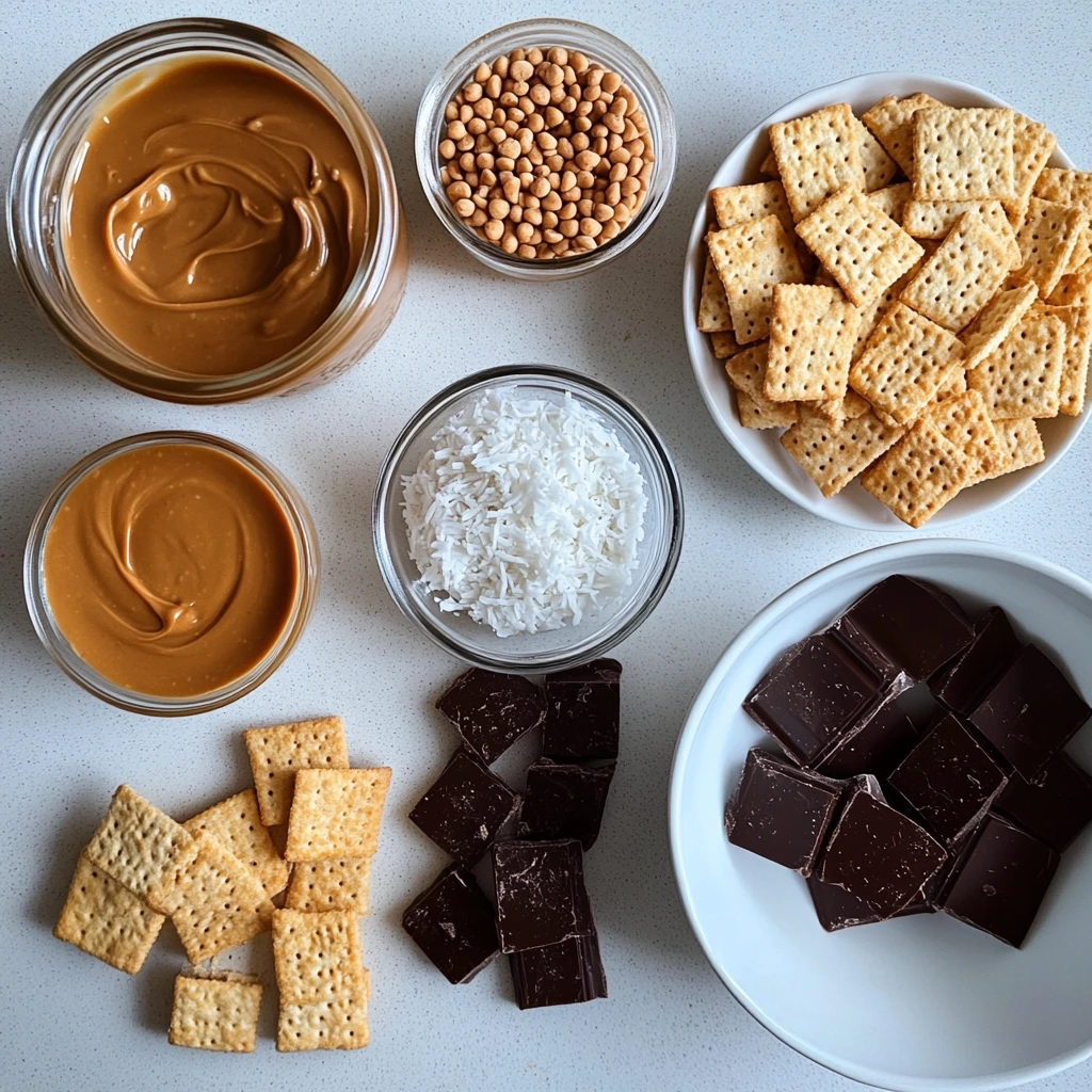 Flat lay of ingredients for Cheez-It peanut butter and chocolate snacks, including crackers, peanut butter, chocolate, and toppings.