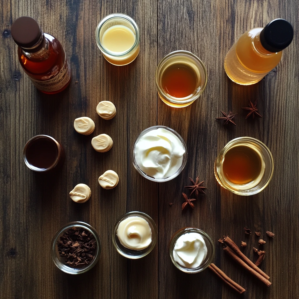 A flat lay of butterscotch schnapps, Irish cream, whipped cream, and cinnamon on a wooden table, prepared for making a buttery nipple shot.