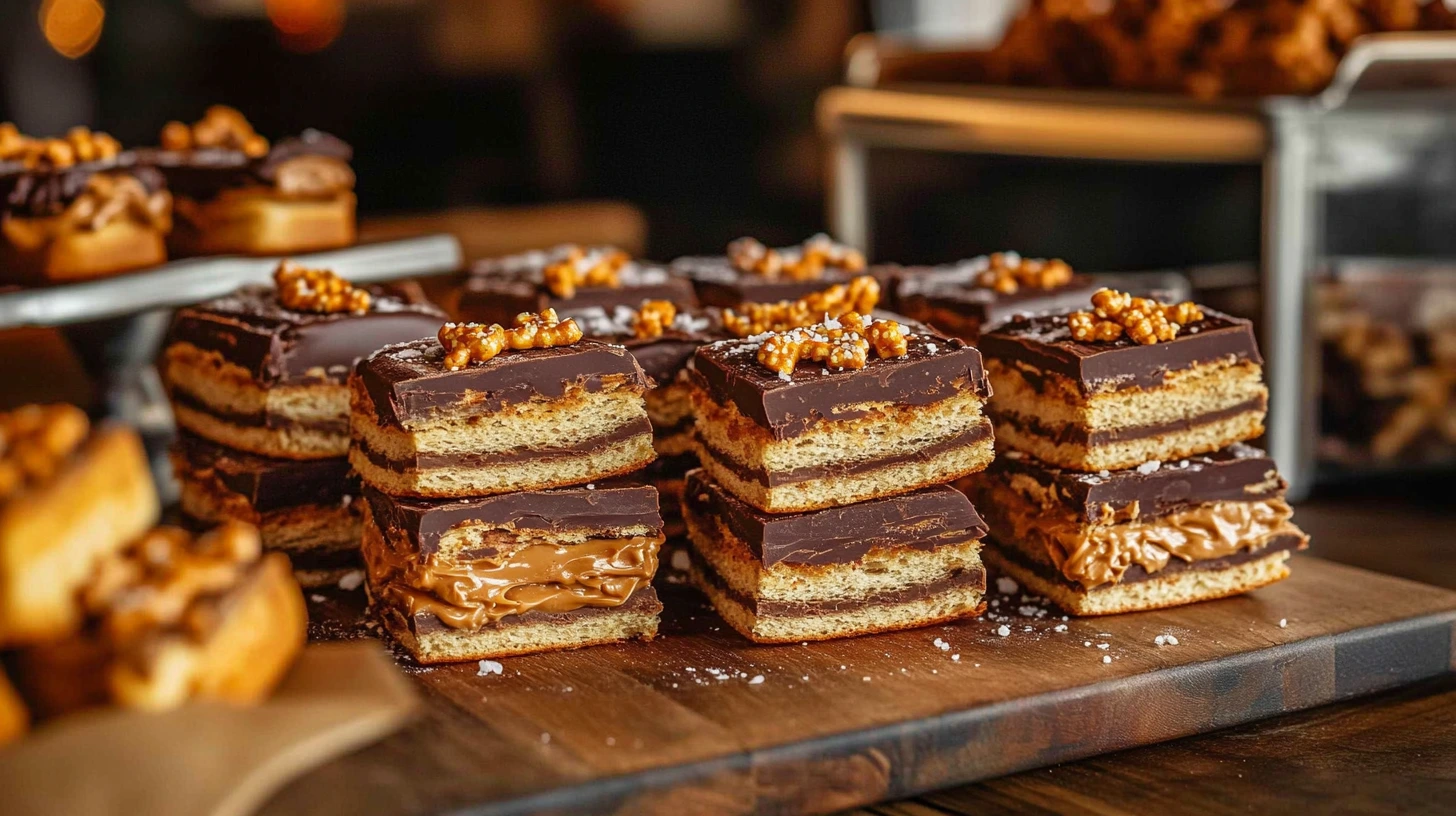 A platter of Cheez-It peanut butter and chocolate snacks, garnished with sea salt and pretzels, on a wooden serving board.