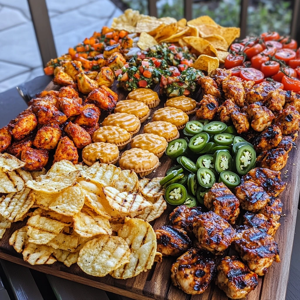 A serving board with jalapeno chips, red pepper chicken bites, and madeline cookies, paired with a buttery nipple shot in the center.