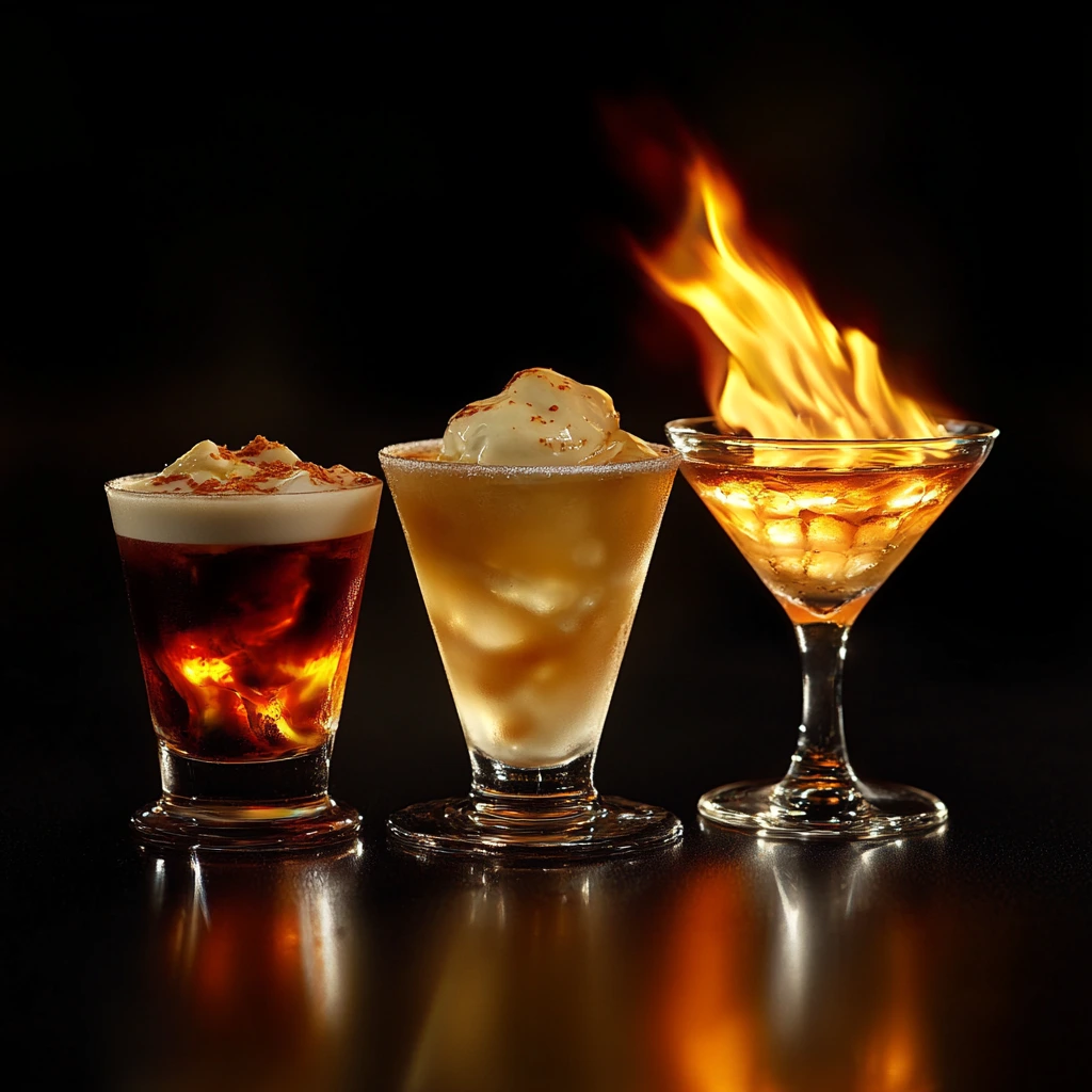 A trio of buttery nipple drinks showing the classic shot, martini version, and flaming variation on a dark surface for dramatic effect.