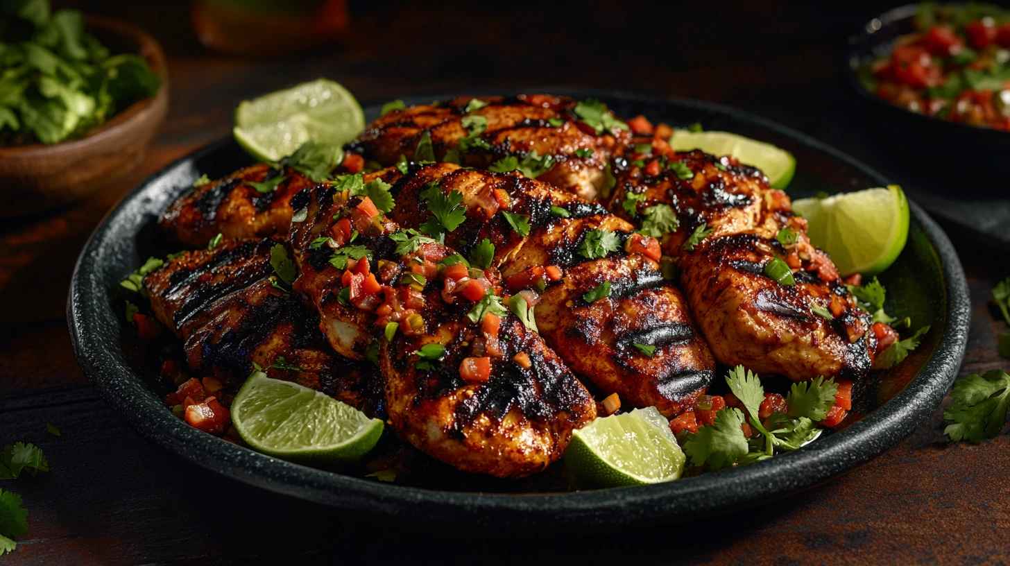 San Antonio Grilled Red Pepper Mexican Chicken Marinade Recipe, served with lime, cilantro, and tortillas.