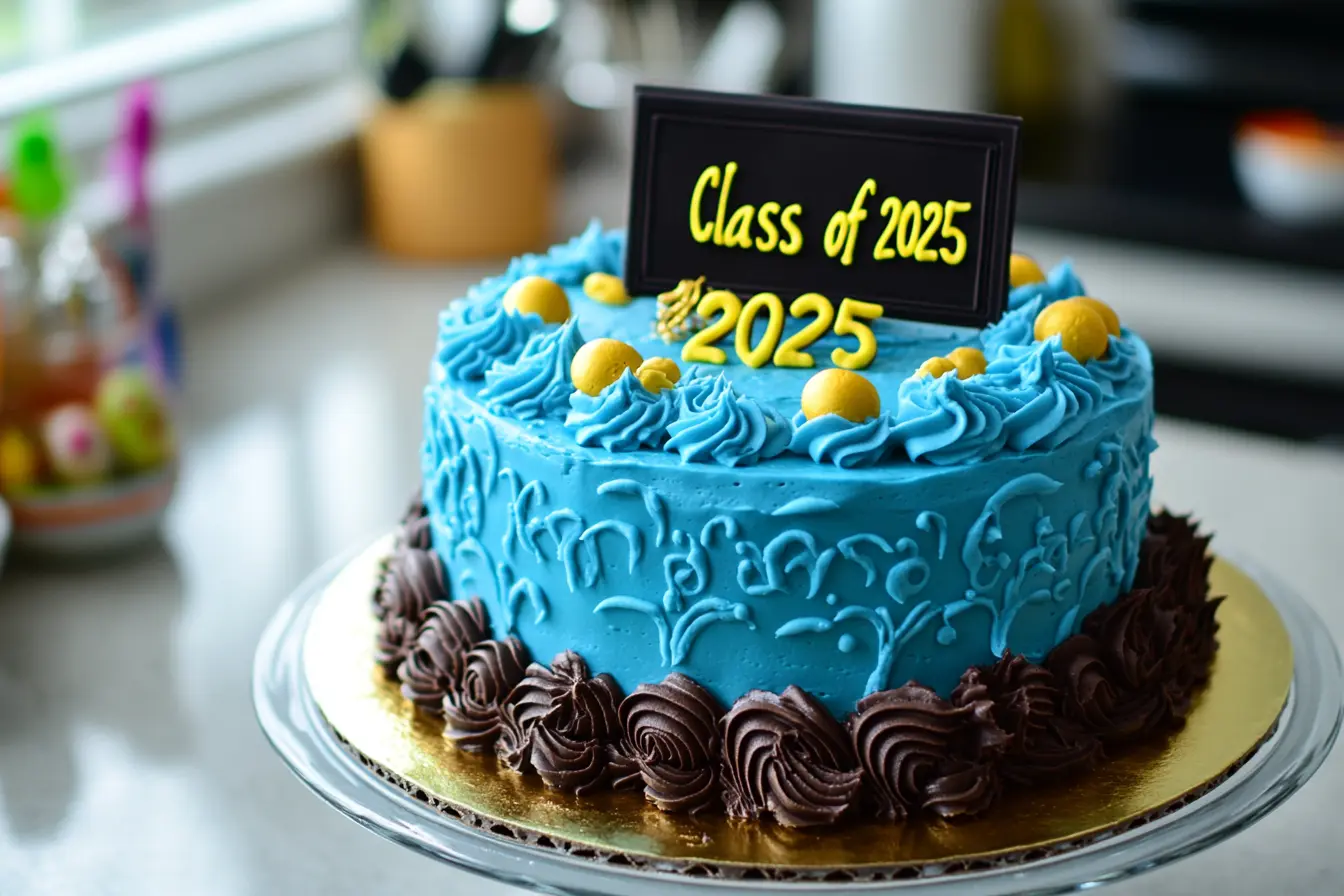 A homemade chocolate graduation cake decorated with "Class of 2025" in blue and gold frosting, topped with a small fondant diploma.