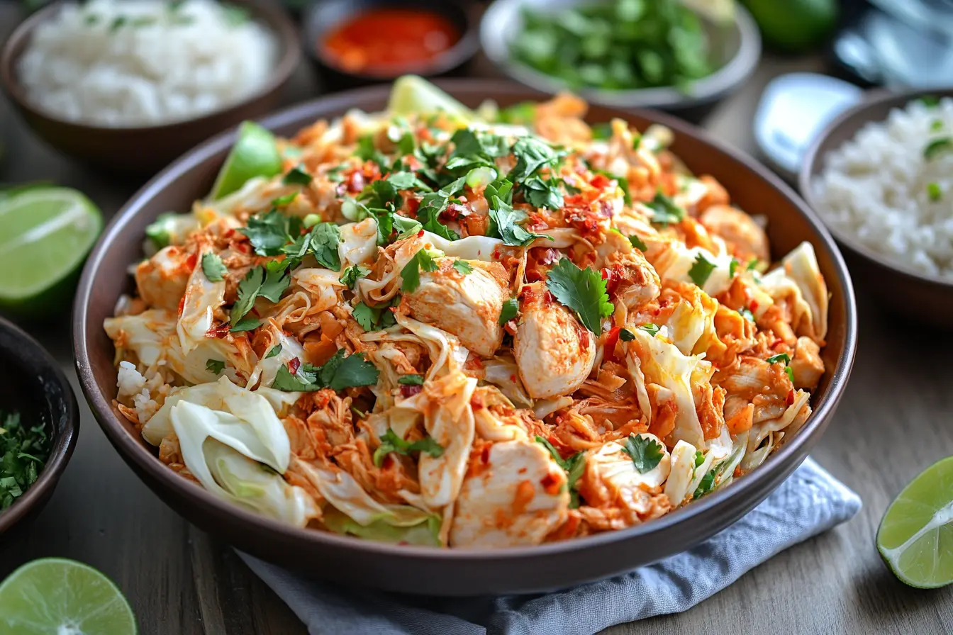 A plate of Hmong cabbage and chicken served with jasmine rice, garnished with fresh cilantro and lime wedge.