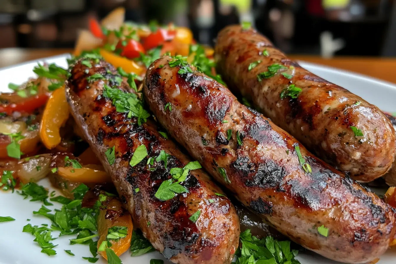 A plate of grilled Roma hot Italian sausage served with caramelized peppers and onions, garnished with fresh parsley.
