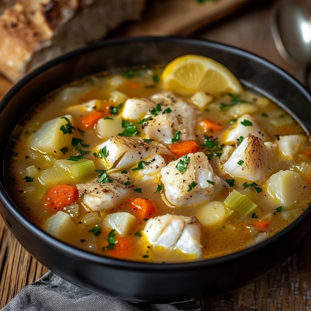 A steaming bowl of Greek fish soup (Psarosoupa) with fish, carrots, potatoes, and parsley, served with a lemon wedge and bread on a rustic wooden table.