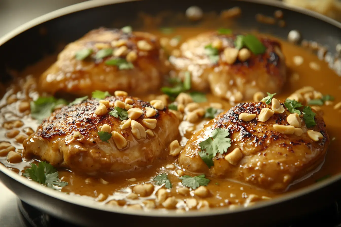 A skillet of chicken in creamy peanut butter sauce garnished with fresh cilantro and crushed peanuts, ready to serve.