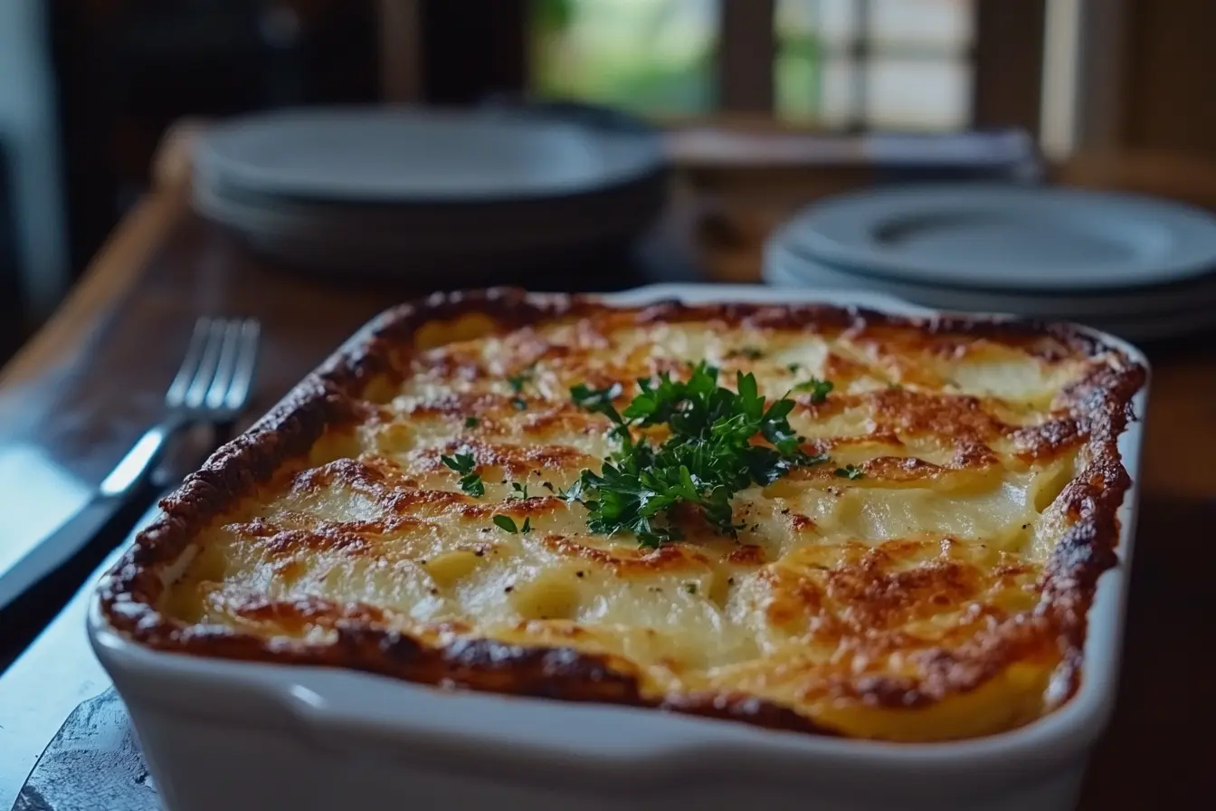 A baking dish of golden-brown scalloped potatoes with creamy layers, garnished with fresh parsley, ready to serve.