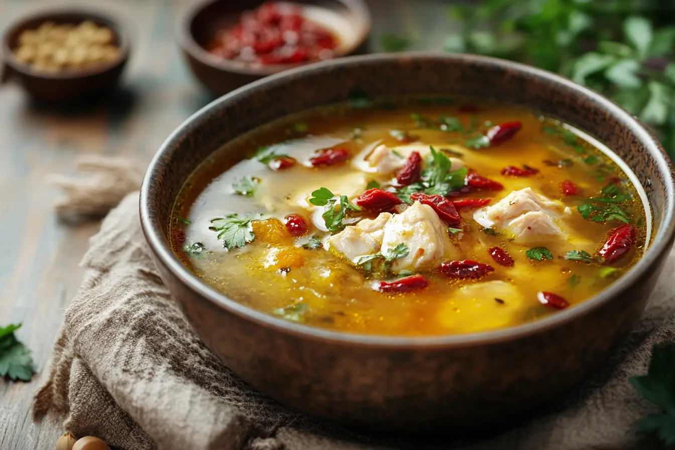 A steaming bowl of Chinese herbal soup with chicken, red dates, goji berries, and lotus seeds in a clear, golden broth.
