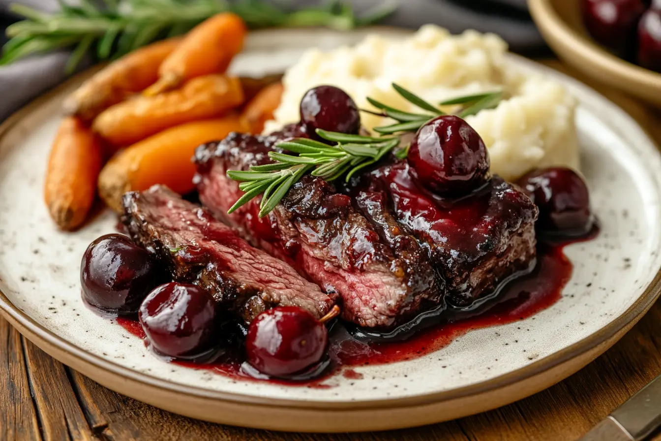 Seared beef with glossy cherry wine sauce, garnished with fresh rosemary and cherries, served with mashed potatoes and carrots.