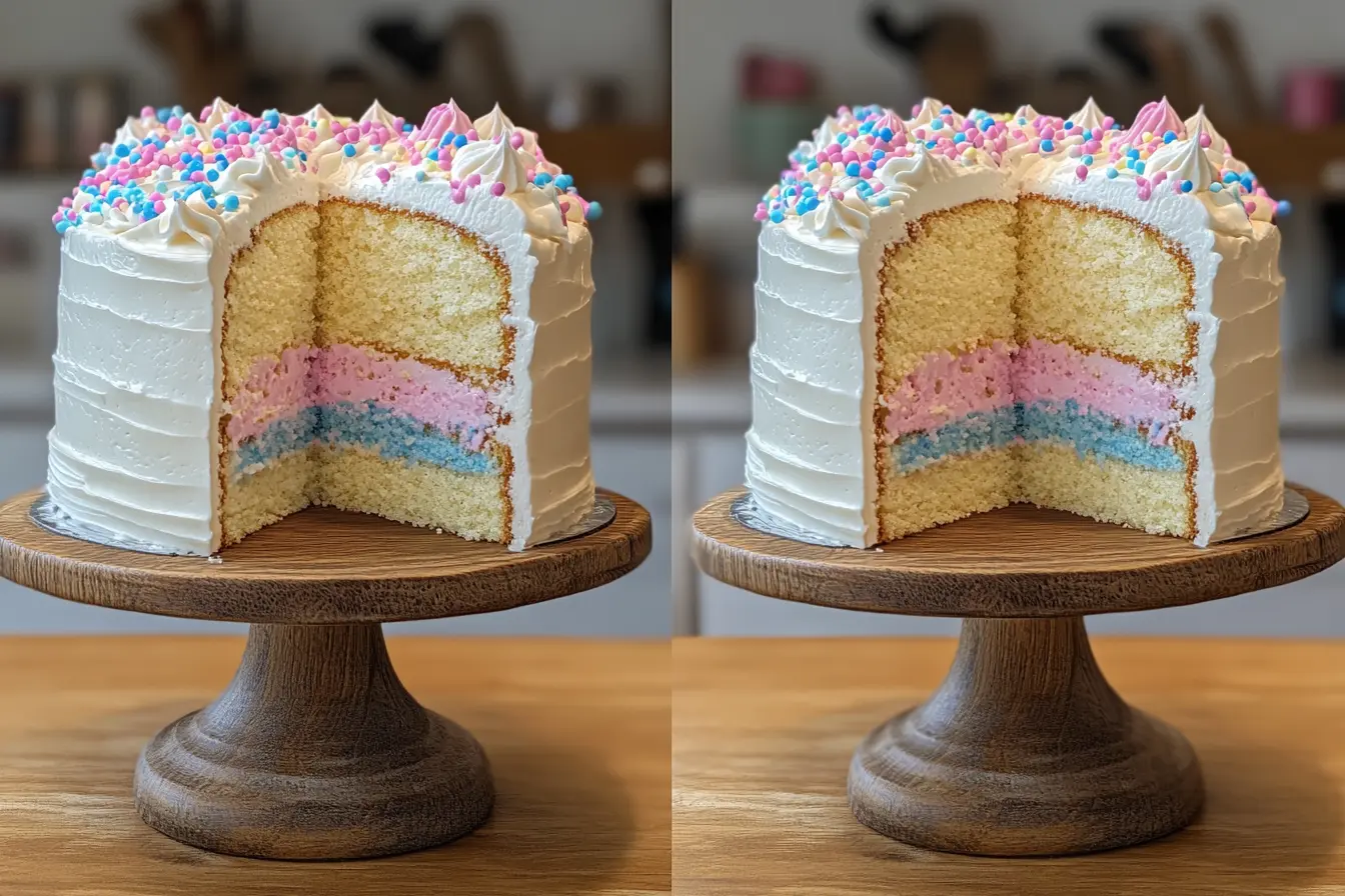 A gender reveal cake secured in a clear cake box with pink and blue ribbons, ready for transport.