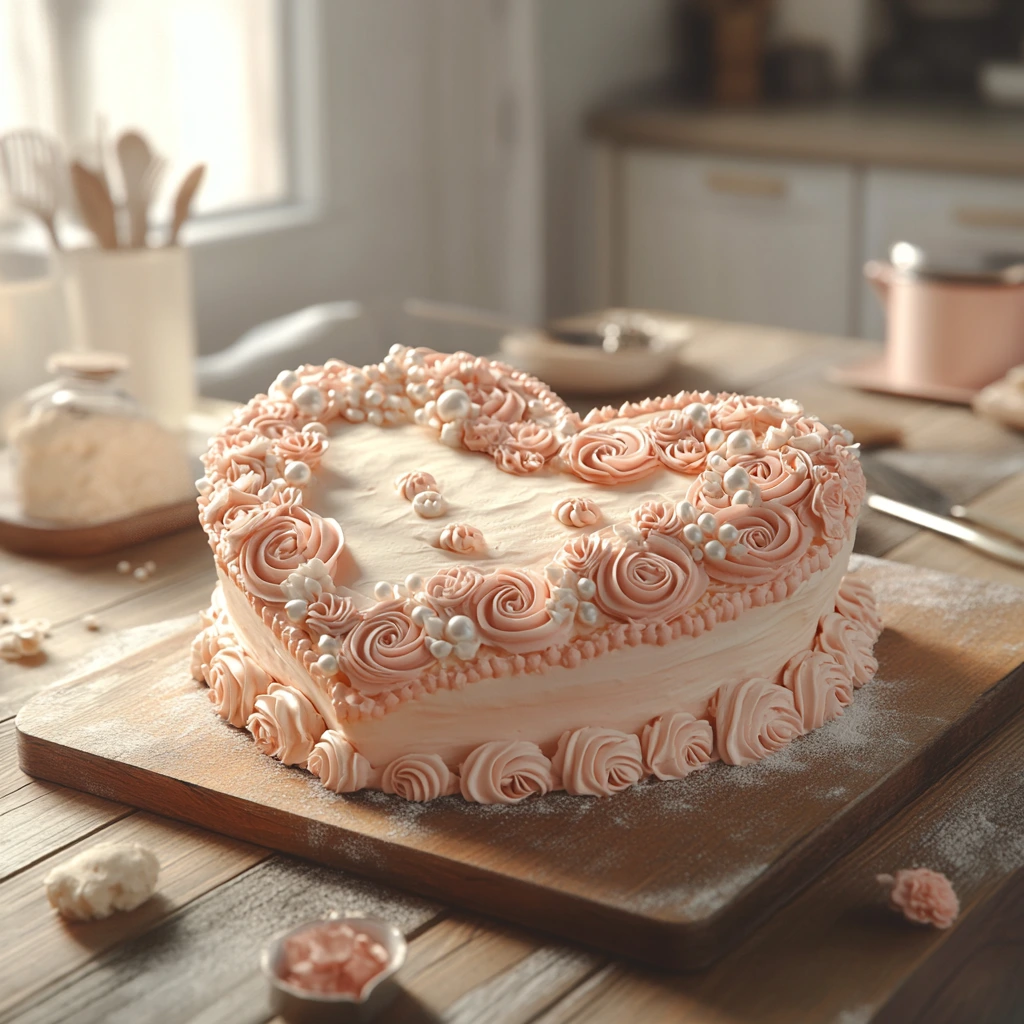 Homemade vintage heart cake with pink buttercream frosting, piped floral designs, and pearl accents on a wooden table in a cozy kitchen