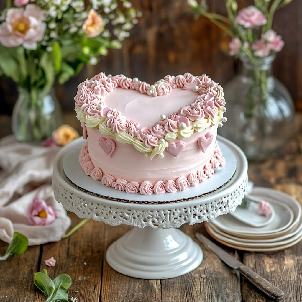 A vintage heart cake on a white cake stand with pink frosting and floral decorations, surrounded by small plates and a vase of flowers on a wooden table.