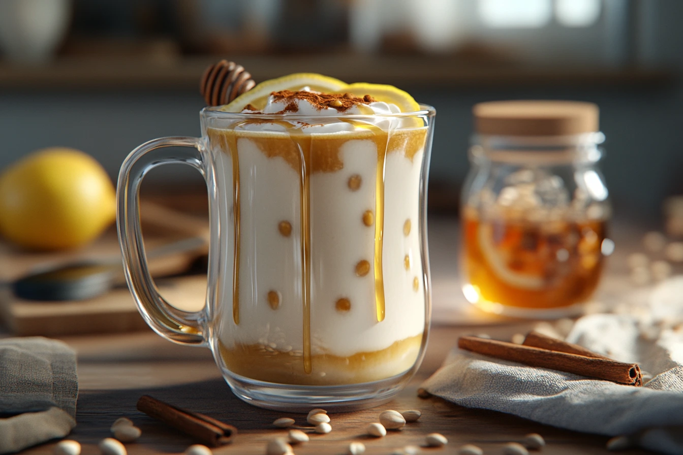 A glass of lotus seed honey drink garnished with a cinnamon stick and lemon slice, surrounded by lotus seeds and honey jar.