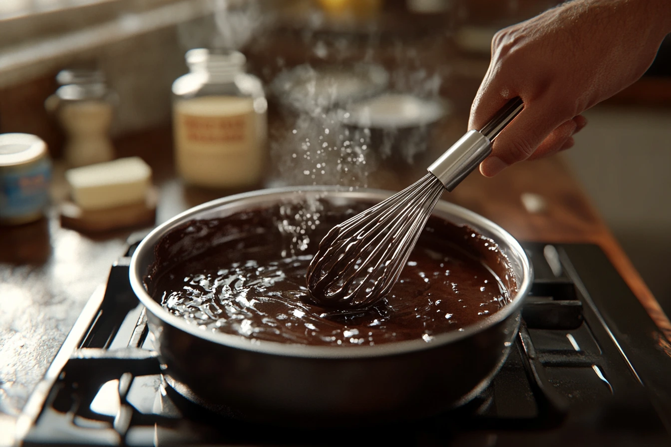 Glass jar of glossy black label chocolate sauce with a spoon resting on the edge, surrounded by chocolate chunks and cocoa powder.