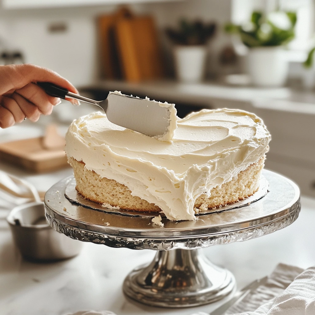 A heart-shaped cake on a rotating cake stand with a thin crumb coat of buttercream frosting being applied using a spatula.