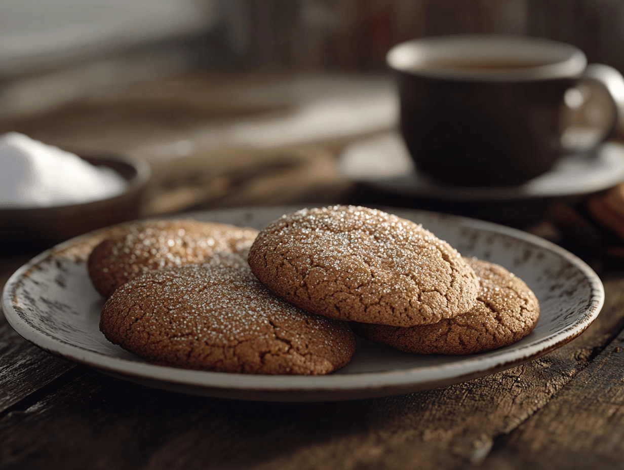 Plate of freshly baked Vermont chewy molasses cookies with a cracked, sugar-coated surface, served with a mug of tea.