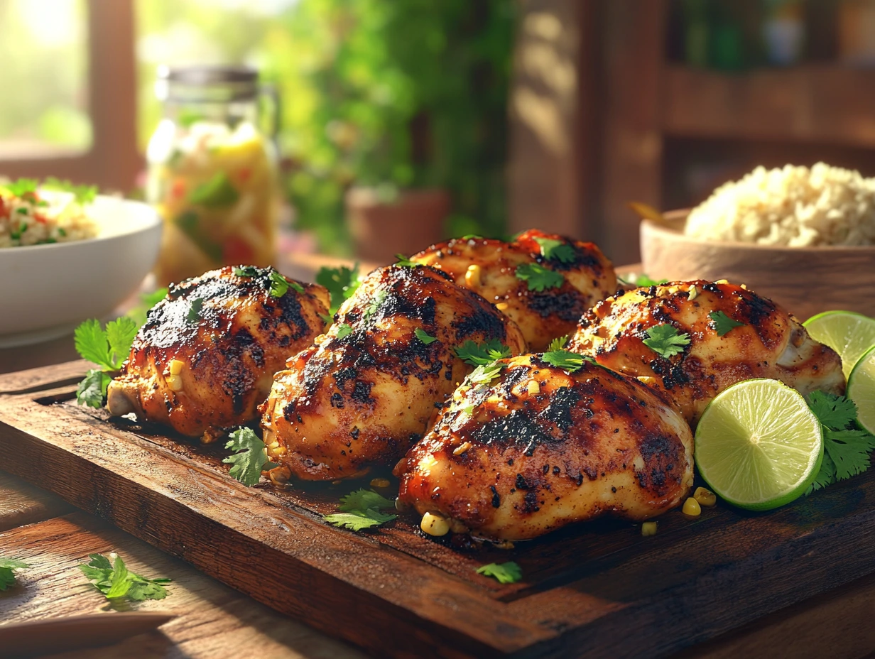 Grilled Mexican chicken on a rustic wooden platter, garnished with cilantro and lime wedges, served with sides in a home kitchen.