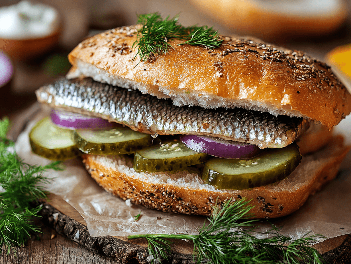 An authentic Matjesbrötchen Recipe featuring a crusty bread roll filled with pickled Matjes herring, sliced onions, pickles, and a drizzle of mustard or remoulade sauce, served on a rustic wooden table.