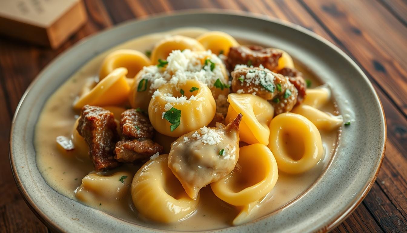 cheesesteak tortellini in rich provolone sauce