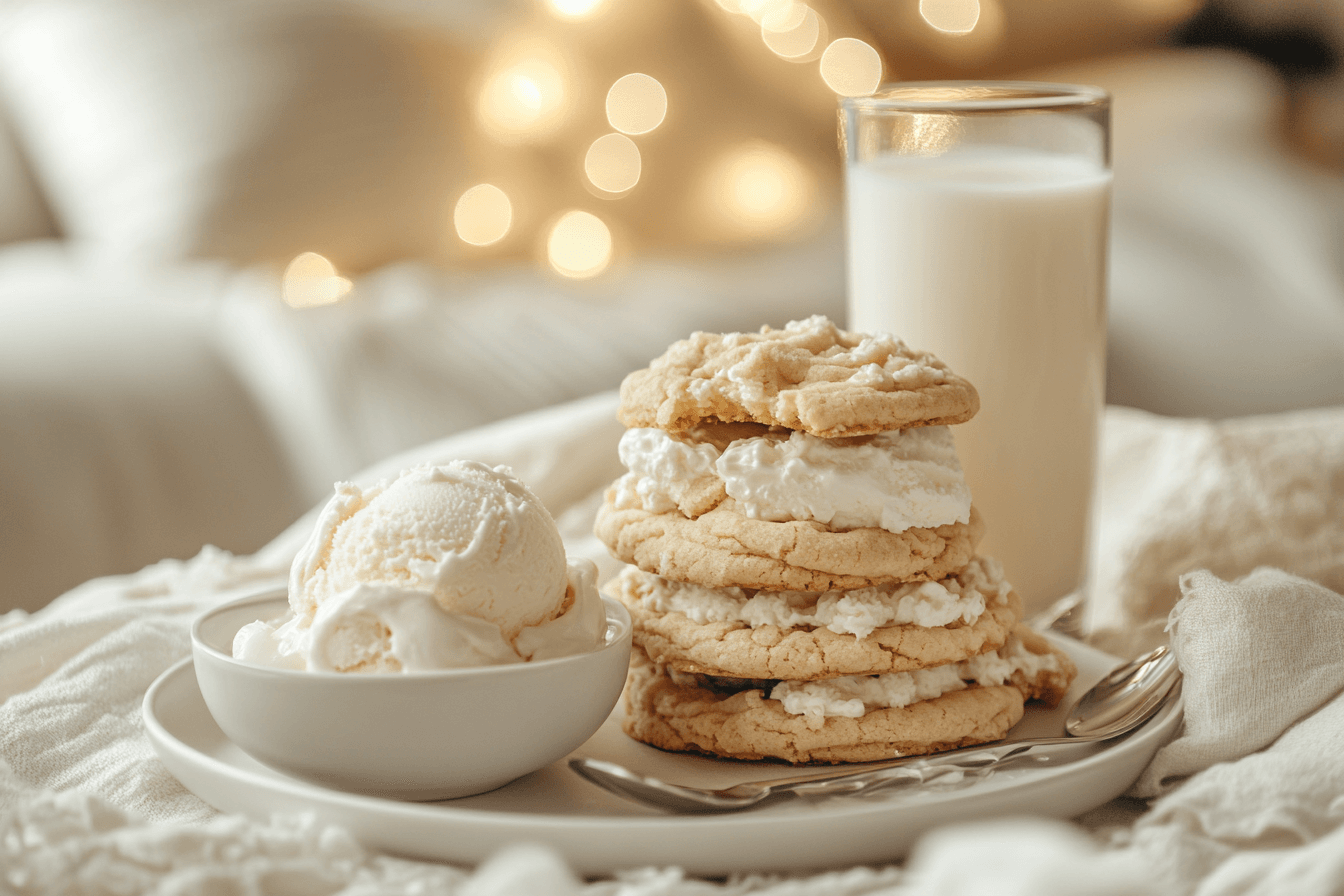 Cool Whip cookies served with milk and vanilla ice cream.