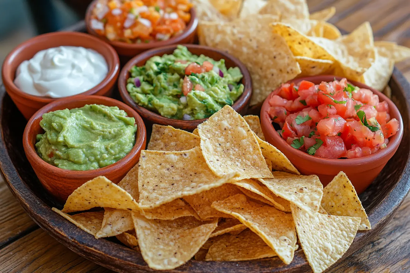 Spicy chips served with guacamole, sour cream, and queso dip.