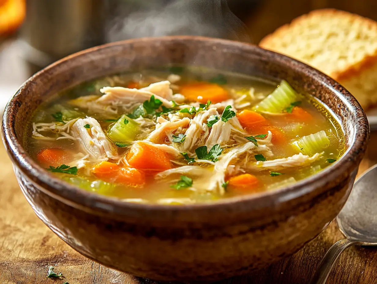 A warm bowl of Grandma’s Chicken Soup with shredded chicken, carrots, and fresh parsley, served with cornbread on a wooden table.