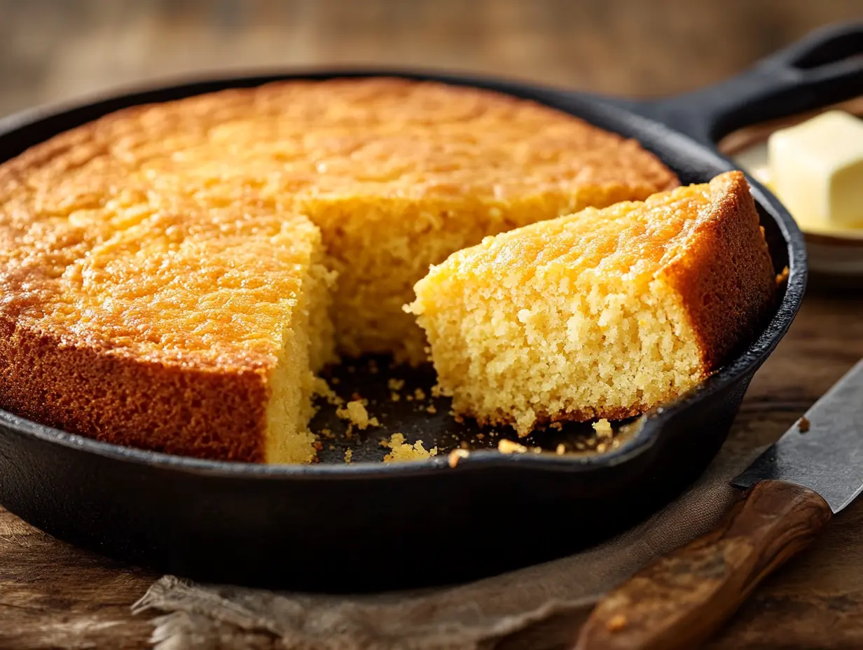 A close-up, ultra-detailed (300x zoom) shot of freshly baked White Lily Cornbread in a cast-iron skillet, placed on a rustic wooden countertop. A slice is cut out, showcasing its golden, crispy crust and light, fluffy interior with steam gently rising. A butter knife with crumbs rests beside a small dish of softened butter, ready for spreading. The setting is cozy and homey, with natural daylight streaming from a nearby window, casting a warm, inviting glow over the cornbread. Soft shadows and gentle highlights emphasize the texture and warmth of this classic Southern dish. ✨ Key Visual Enhancements: Amateur home-style photography (Pinterest aesthetic). Rustic, wide shot, side view composition for depth and realism. Warm, natural lighting creating an inviting, nostalgic feel. Steam effect for a freshly baked, straight-from-the-oven look. Slight imperfections for an authentic, homemade vibe.