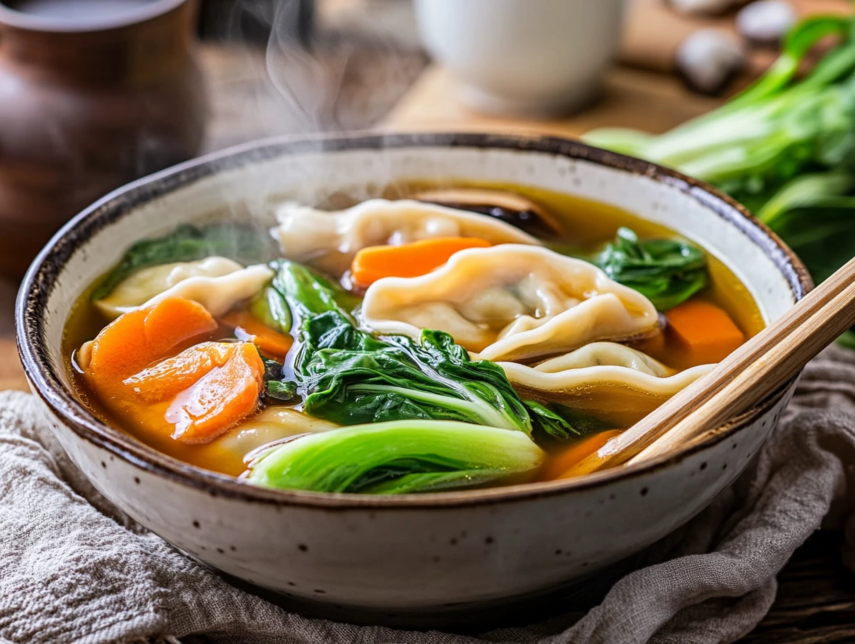 A bowl of homemade Subgum Wonton Soup with wontons, chicken, shrimp, and vegetables in a savory broth, served in a rustic ceramic bowl with chopsticks nearby.