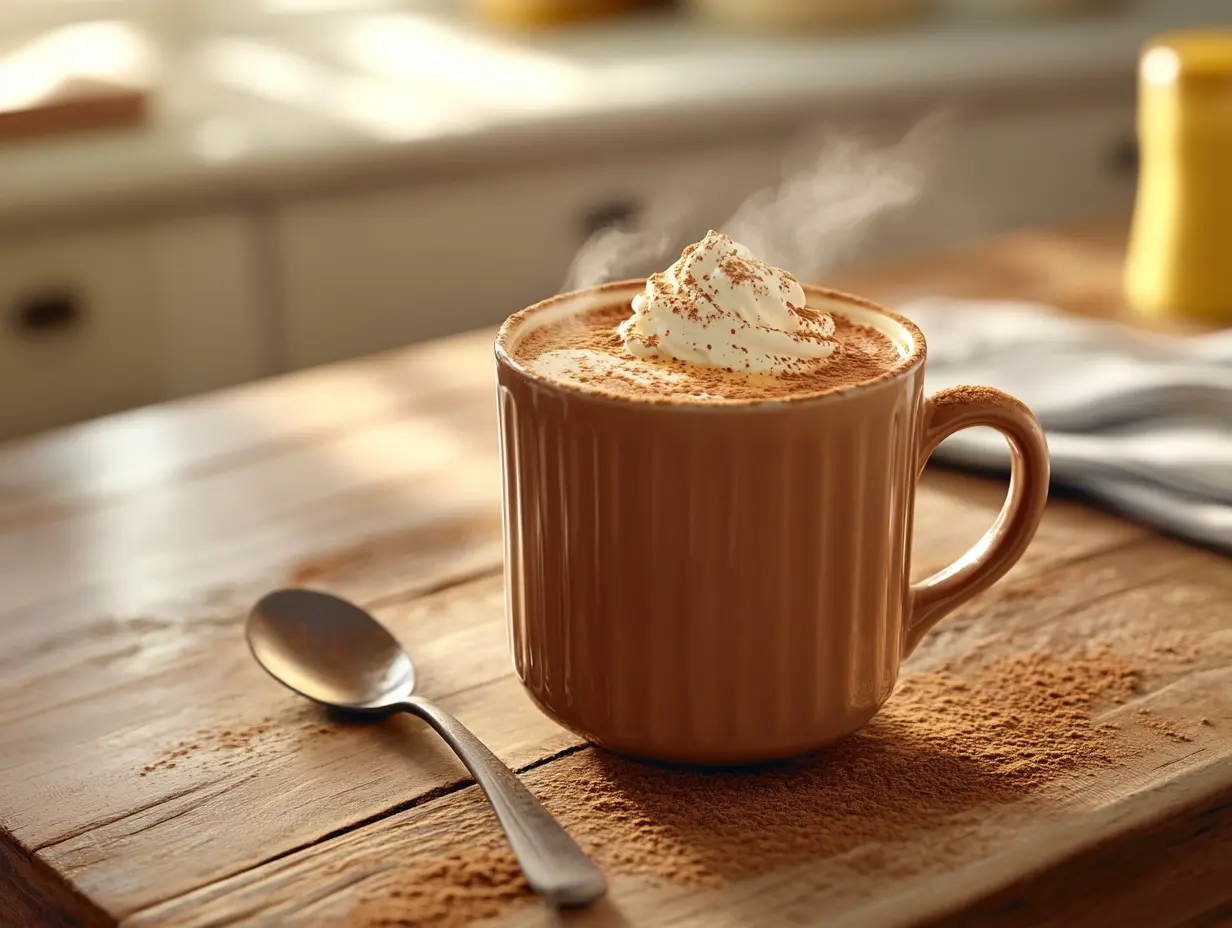A steaming mug of bone broth hot chocolate with a creamy top, placed on a wooden counter with natural kitchen lighting.