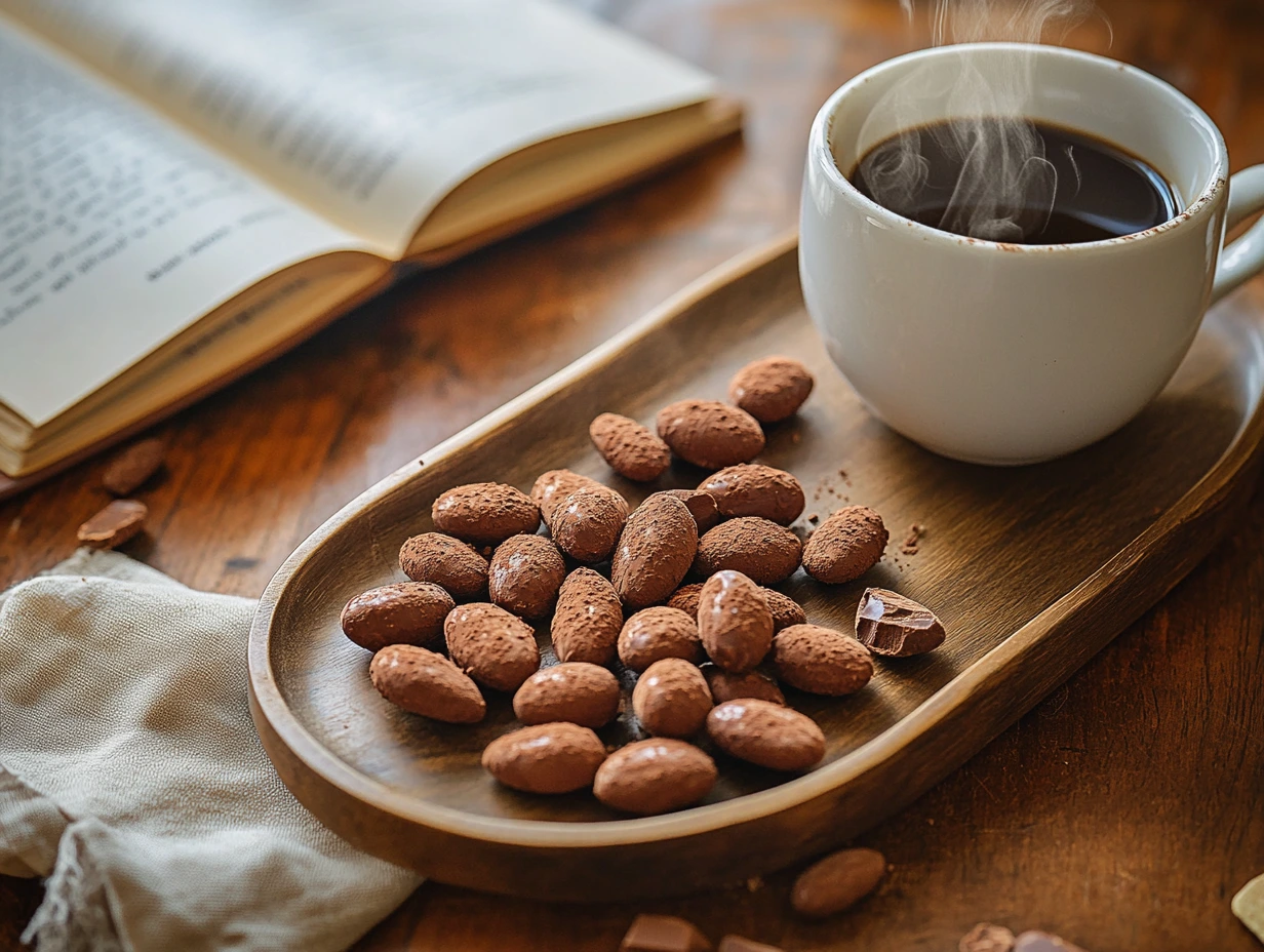A home cook using a fork to lift a chocolate-covered almond from a glass bowl filled with melted chocolate. The glossy coating drips slightly as the almond is placed onto a parchment-lined tray. A few chocolate-coated almonds are already resting on the tray, while a handful of plain roasted almonds sit nearby. The background is softly blurred, showing a wooden cutting board, a glass jar of cocoa powder, and a folded beige linen napkin. Taken with a Nikon Z6 II, 50mm lens, warm natural lighting from a nearby window.