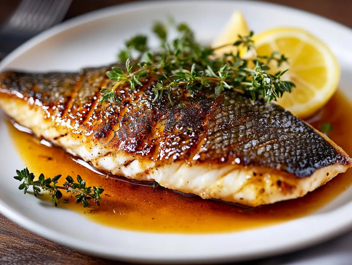 A crispy-skinned branzino fillet served on a plate with garlic butter, fresh thyme, and lemon slices on a rustic wooden table.