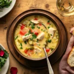 A warm bowl of Chicken and Leek Soup, filled with shredded chicken, soft leeks, and a golden broth, garnished with parsley and served with crusty bread.