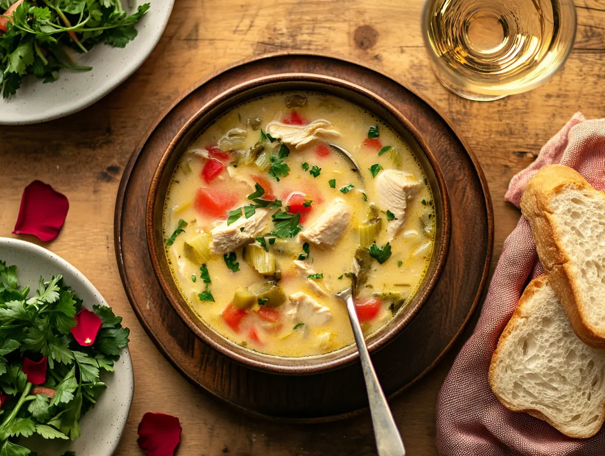 A warm bowl of Chicken and Leek Soup, filled with shredded chicken, soft leeks, and a golden broth, garnished with parsley and served with crusty bread.