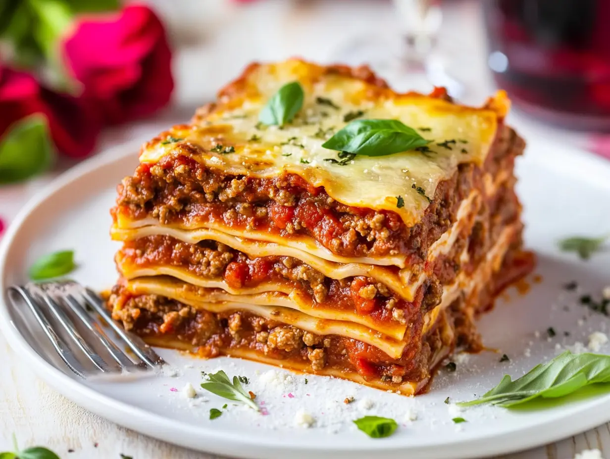 Freshly baked San Giorgio Lasagna with melted cheese and golden, crispy edges in a cozy home kitchen.