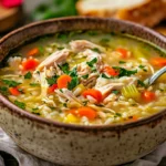 A bowl of Chicken Rice Soup filled with shredded chicken, soft rice, carrots, and a golden broth, garnished with fresh parsley.