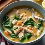 A steaming bowl of Lemon Spinach Ginger Chicken Soup with fresh spinach and lemon in a cozy home kitchen.