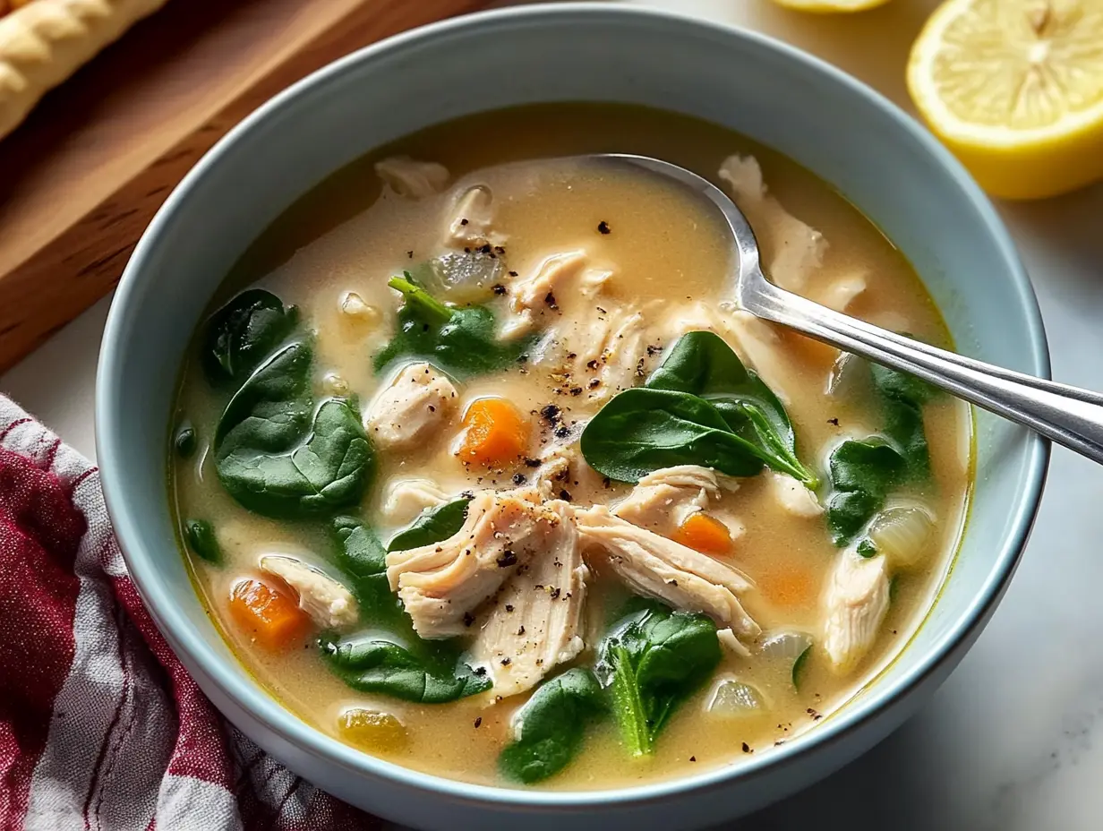 A steaming bowl of Lemon Spinach Ginger Chicken Soup with fresh spinach and lemon in a cozy home kitchen.
