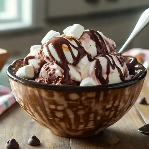 A bowl of homemade chocolate marshmallow ice cream with swirls of gooey marshmallow, placed on a rustic kitchen counter with natural lighting.